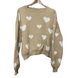 Womens Cozy‎ Heart Print Knit Sweater Tan White Long Sleeve Crew Neck size med